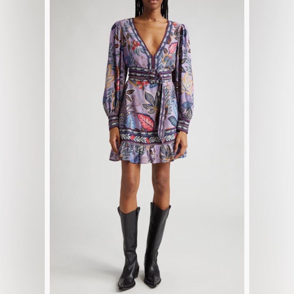 NWT $220 FARM Rio Wild Night Floral Print Long Sleeve Minidress, LAVENDER, XXS!